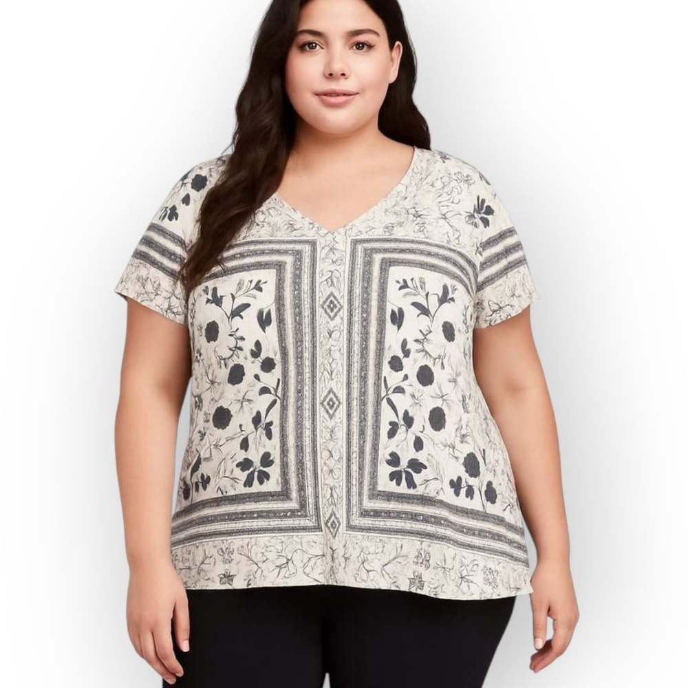 Lily by Firmania White Black Print V Neck Tunic Top Size 3X